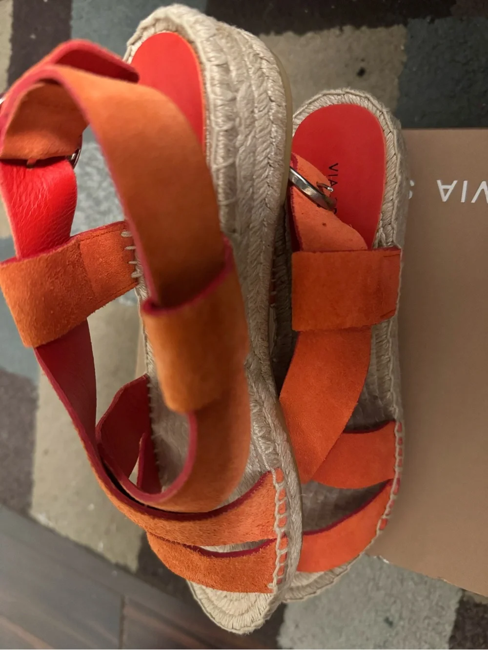 Via Spiga Orange Suede Espadrille Sandals with Red Insole Accents